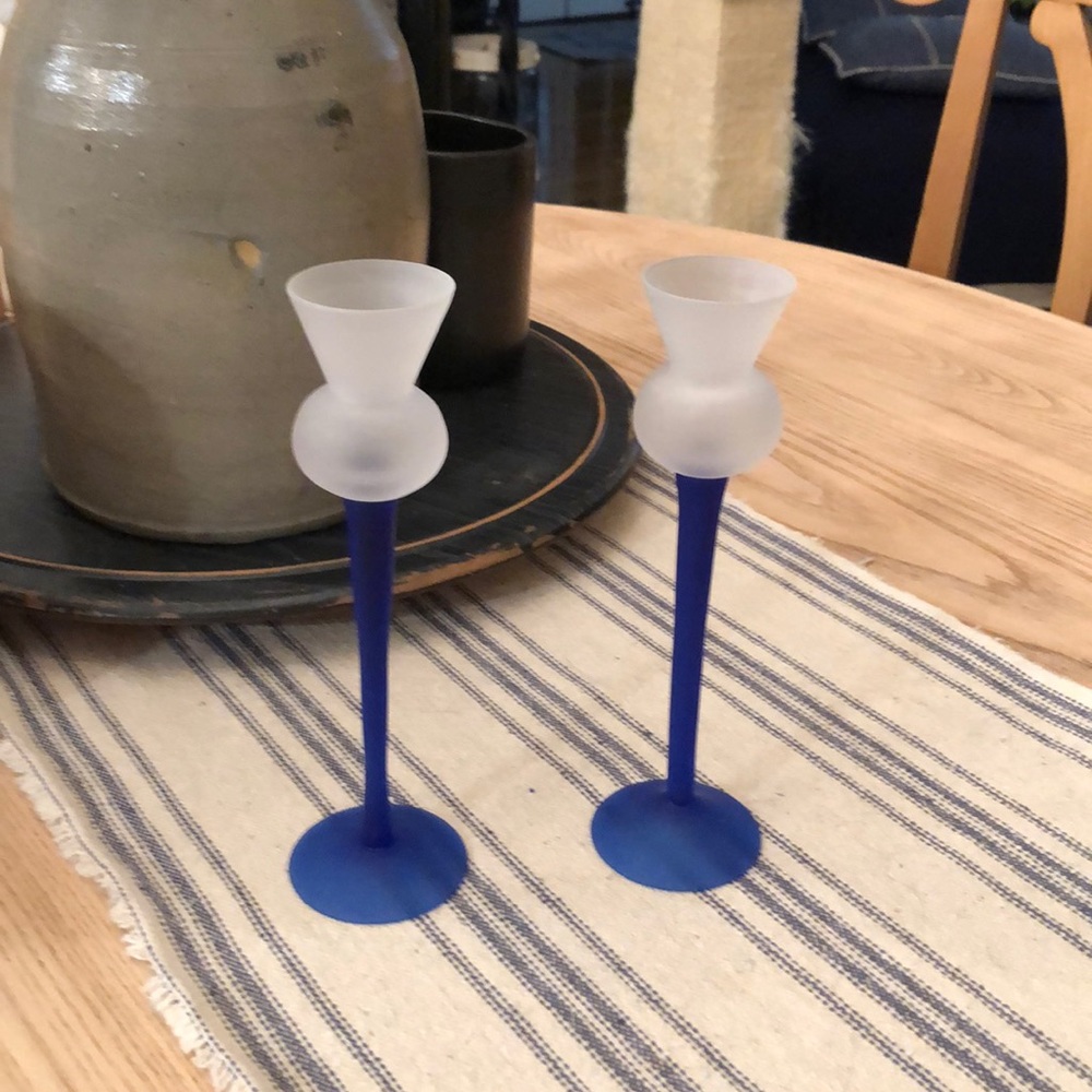 Skinny blue and white frosted candle holders (set)